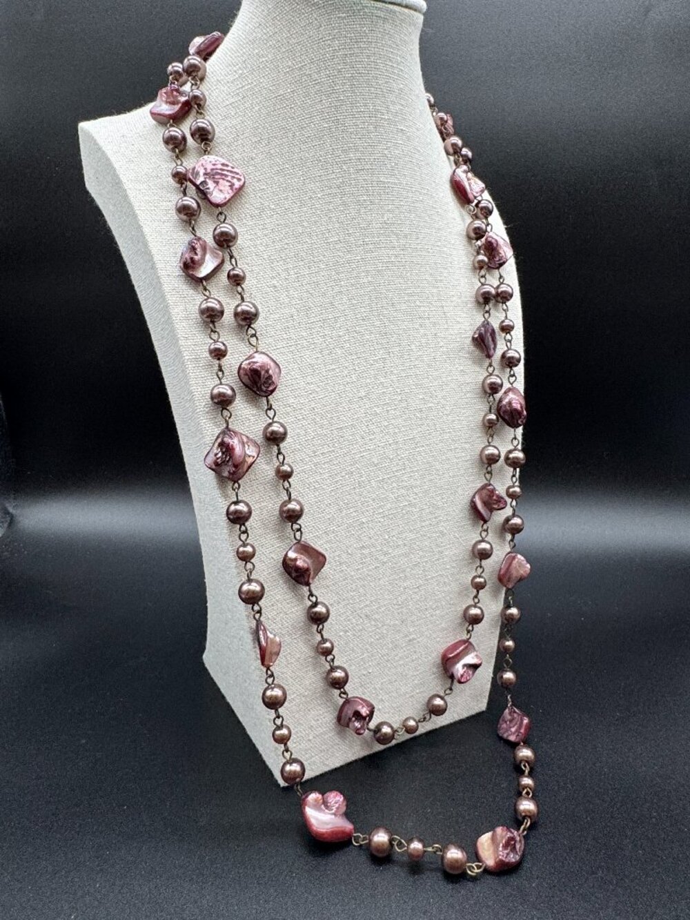 Long Abalone Shells Necklace with Faux Pearl Beads 48 inches Purple Pink